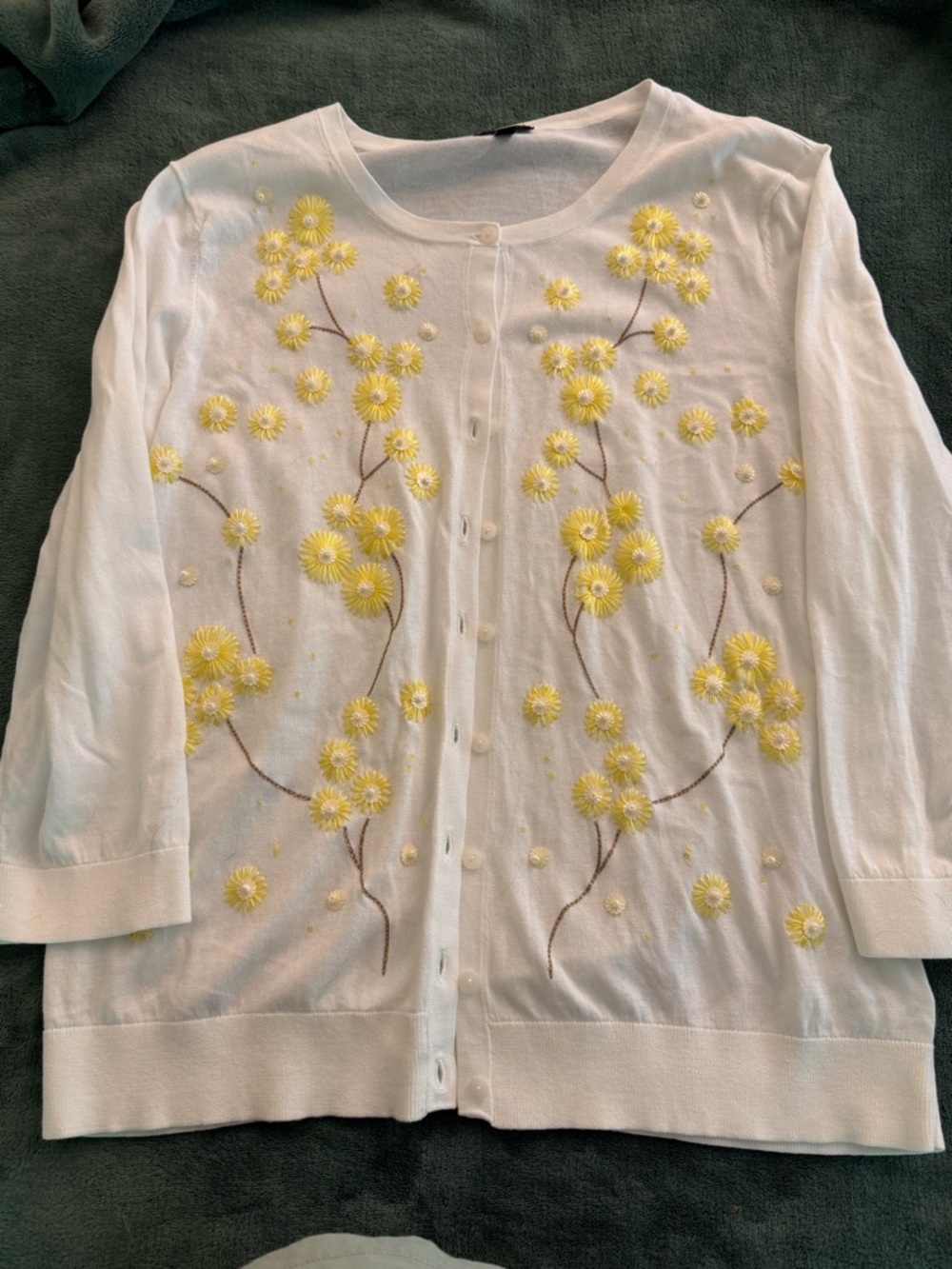 Talbots White Lightweight Crewneck Sweater with beaded daisies.